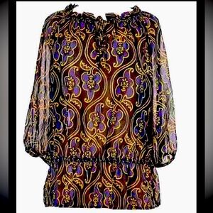 Black, Royal Blue & Gold Anne Taylor Loft Blouse Womens XL Top Long sleeve Shirt